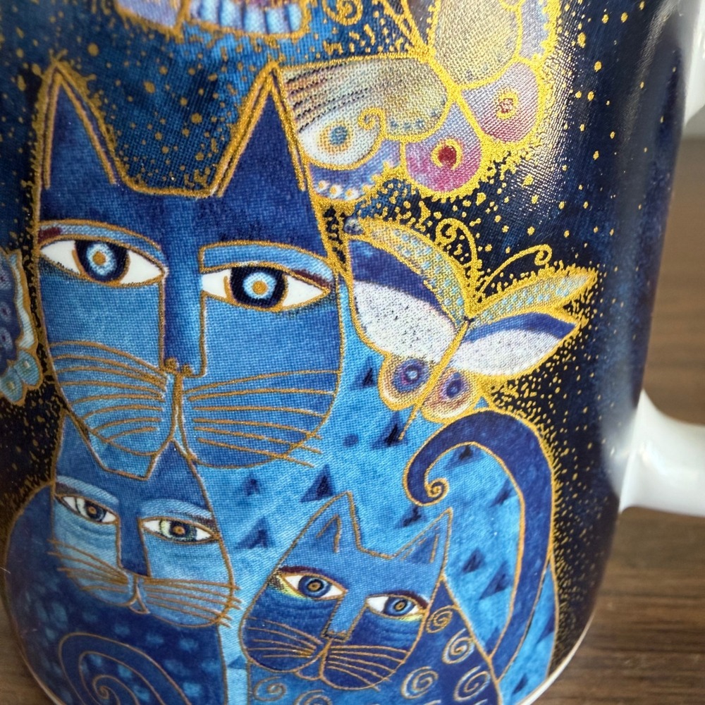 Laurel Burch Indigo Cats and Butterflies Coffee Mug Blue Gold Ceramic Tea Cup - Picture 3 of 8